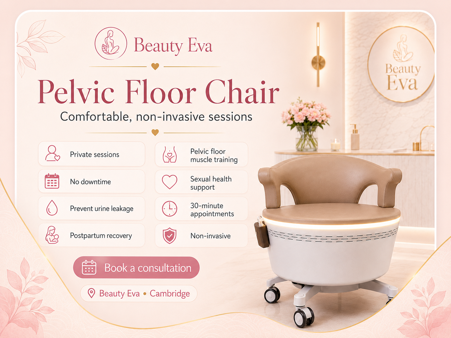 EMS Pelvic Floor Muscle Training Chair at Eva's Beauty Room Cambridge